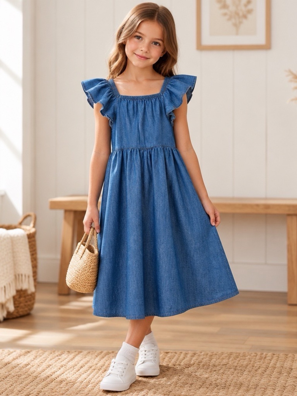 Roxy Girl Chambray Flutter Sleeve Dress Girls XS 7/8 Blue